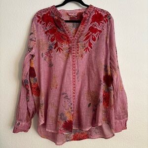 Vintage Goa Embroidered Floral Roll Tab Long Sleeve Top Blouse XL Boho